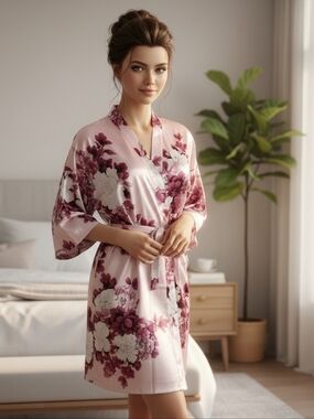 Floral Satin Kimono Robe — NWOT Blush Pink Romantic Bloom Print One Size